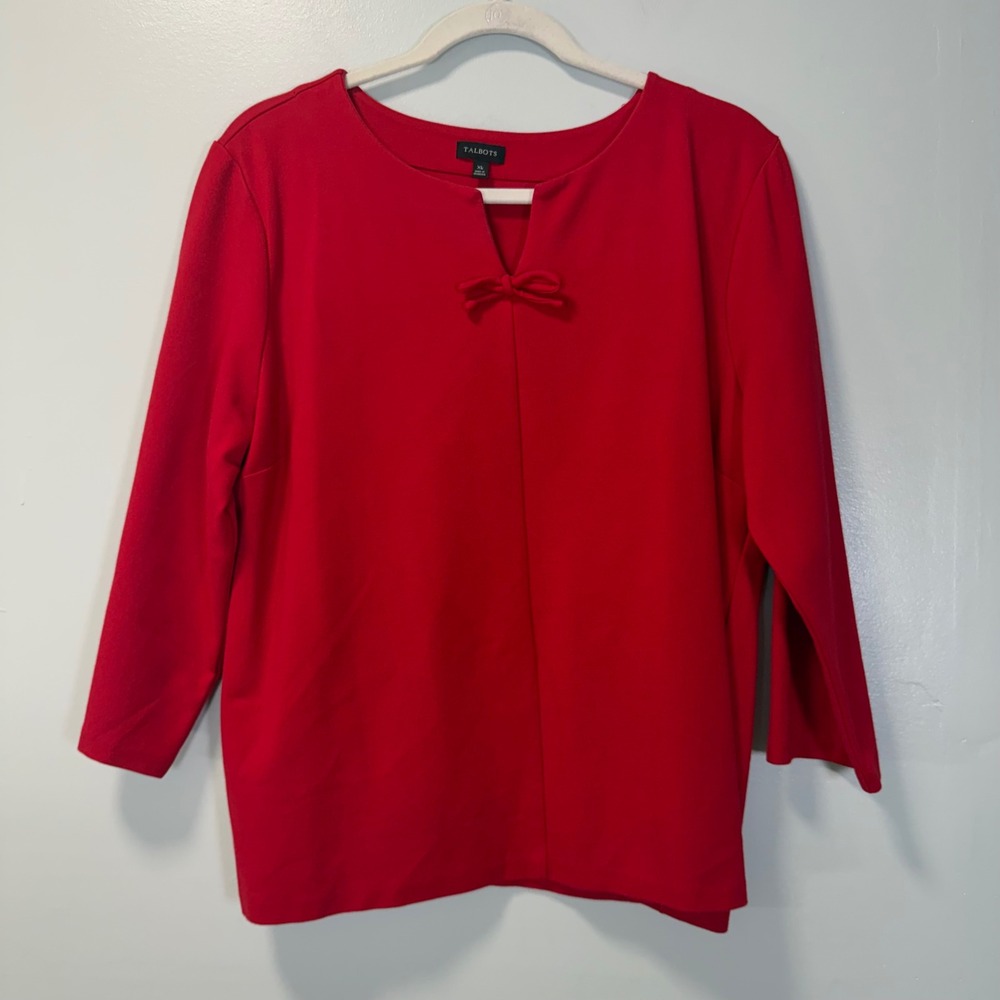 Talbots Red 3/4 Sleeve Bow Keyhole Neck Ponte Knit Top XL